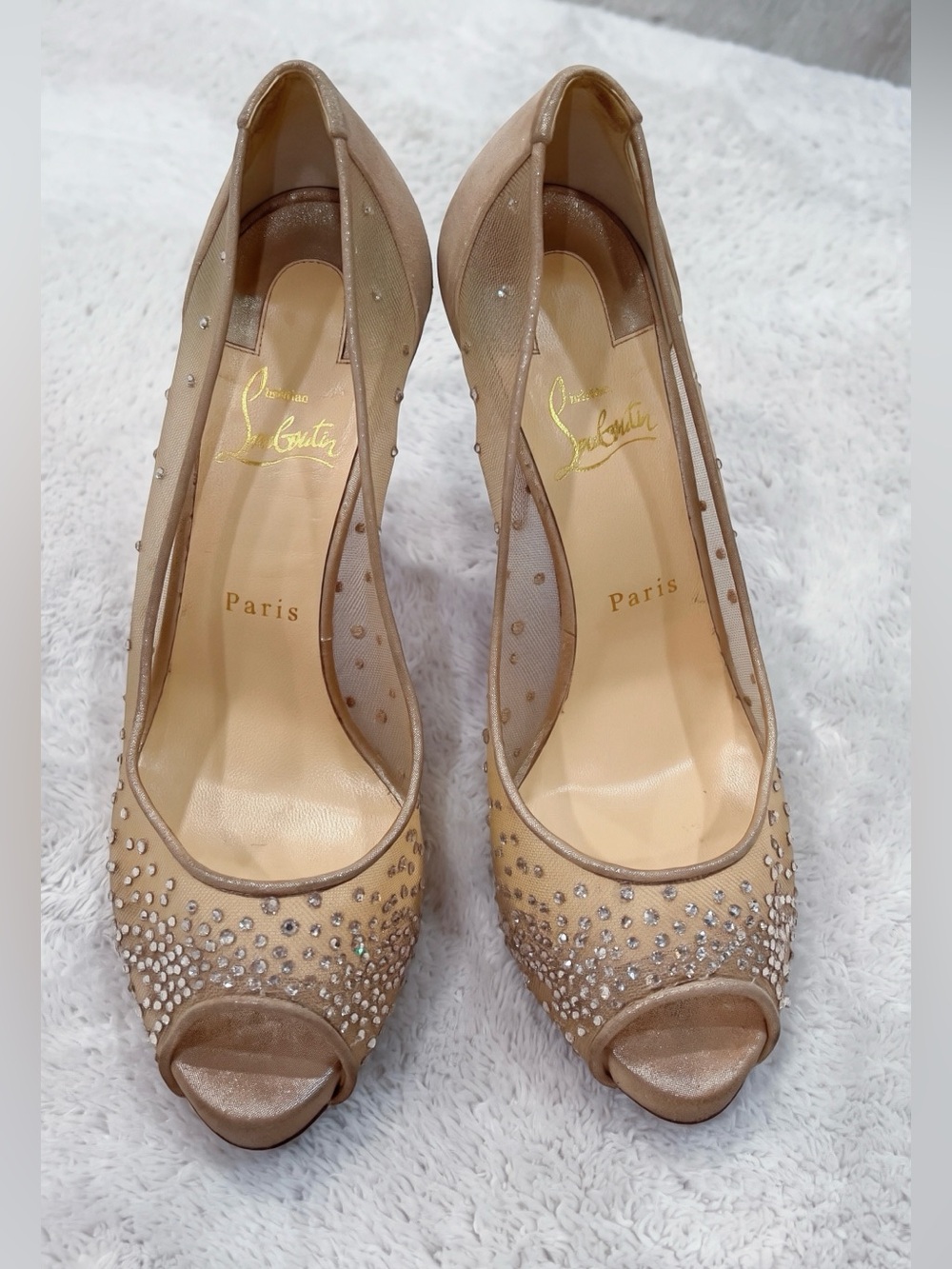 Christian Louboutin Nude Crystal Peep-Toe Heels